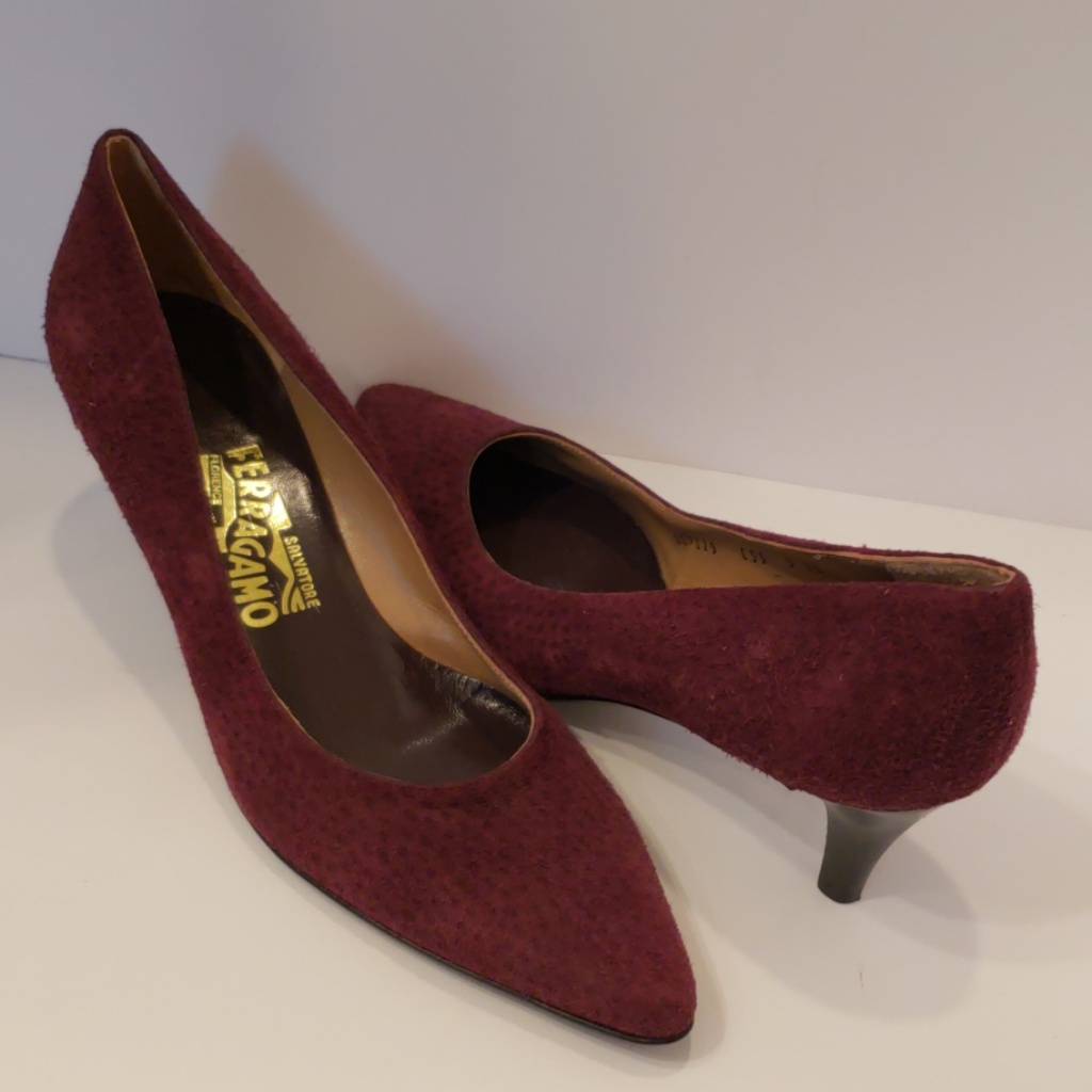 Salvatore Ferragamo Burgundy Dotted Suede Heels